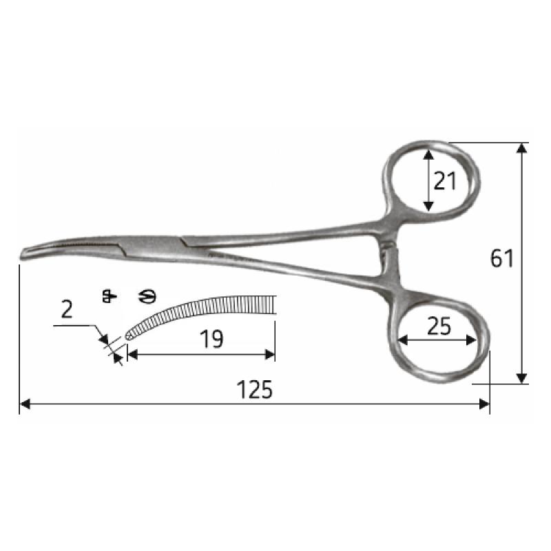 Затискач судинний Halsted- Mosquito зубчастий, 12,5 см, загнутий, J-17-024, Surgicon